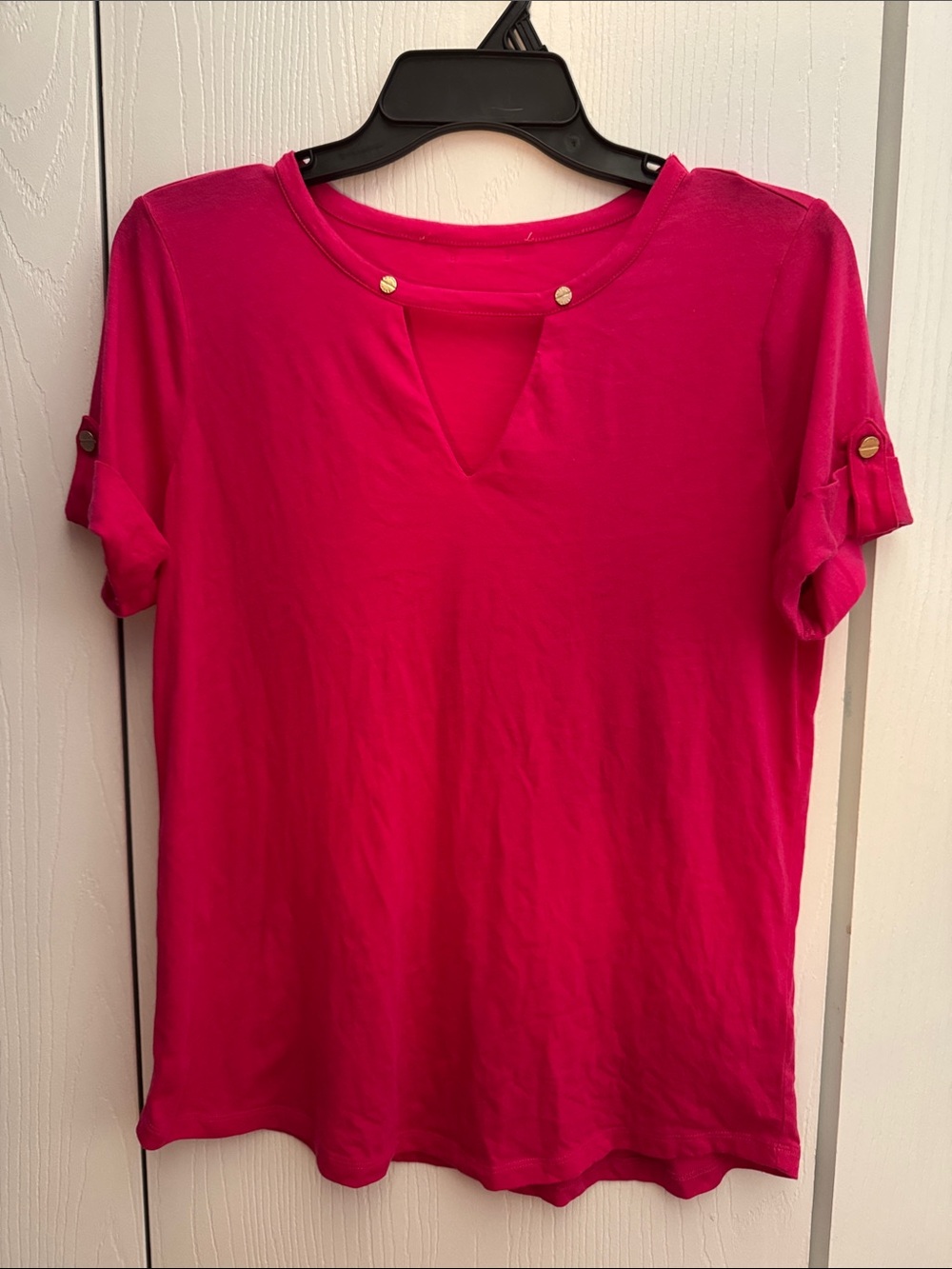 Michael Kors Women's Short Sleeve Fuchsia Top with Notch Neck